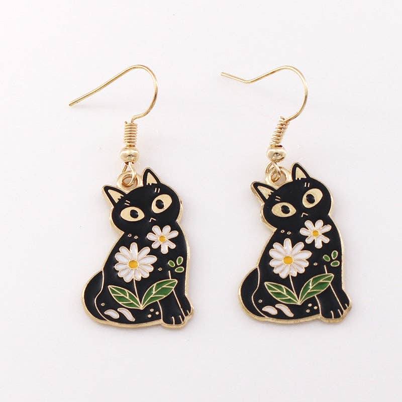 Multi Style Enamel Flower & Magic Cat Dangle Earrings