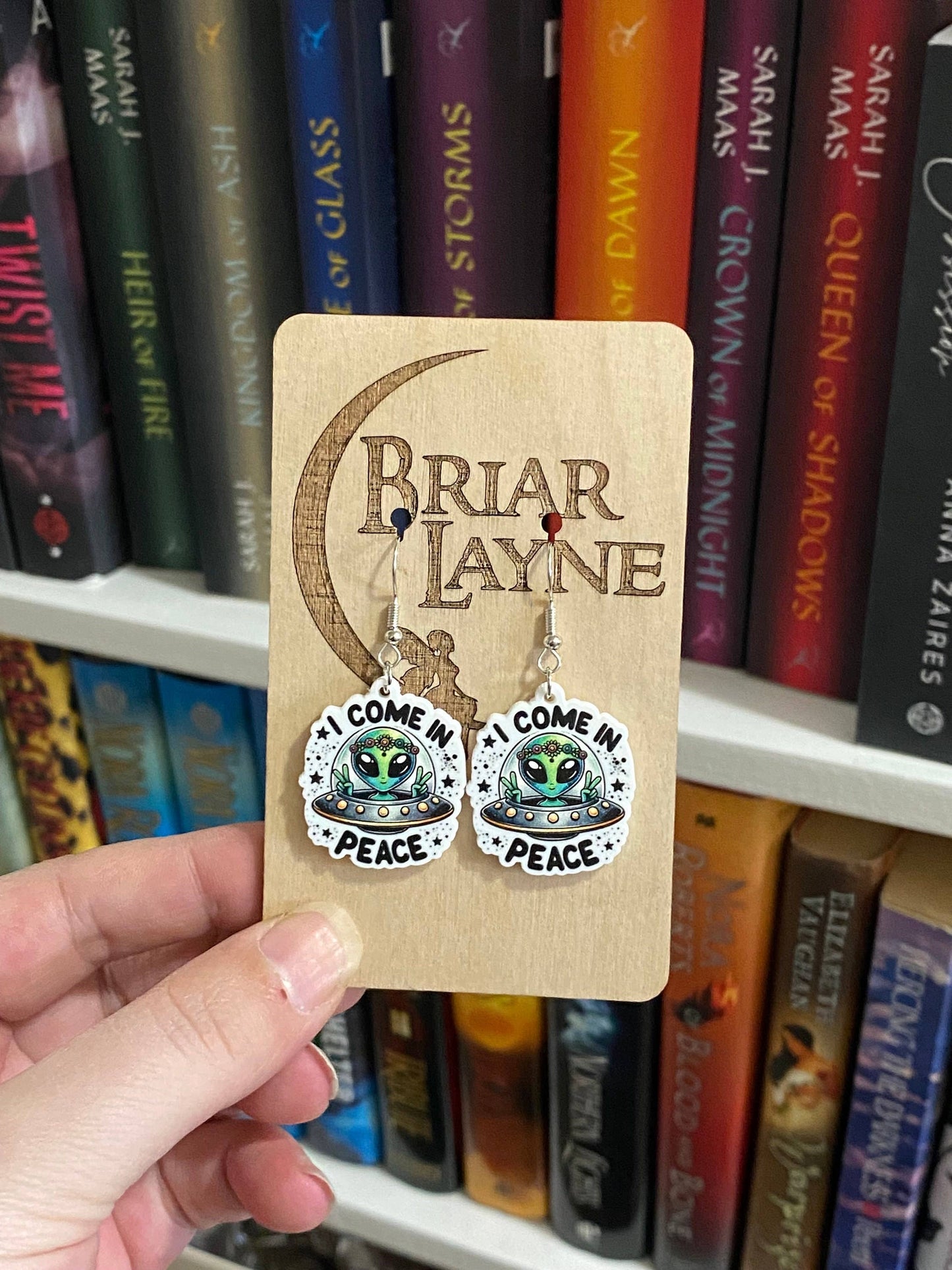 Alien Sci-Fi Book Earrings "I Come In Peace