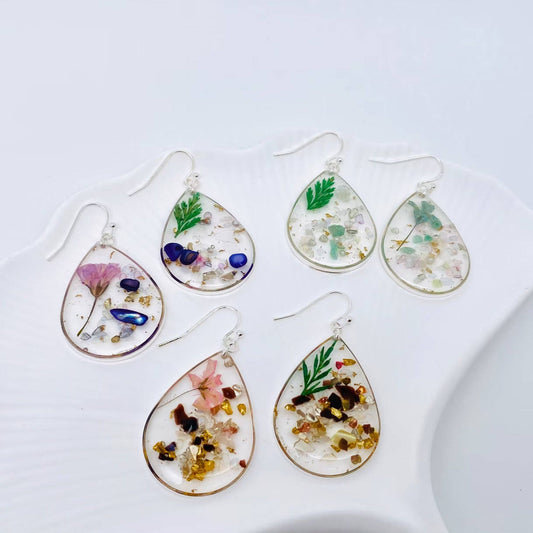 Floral and Leaf Mixed Drop Earrings with Stone Accents