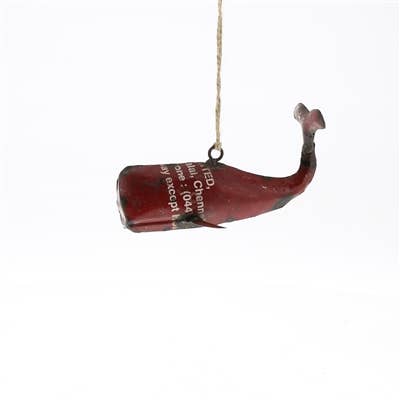 Reclaimed Metal Whale Ornament - Red & Blue