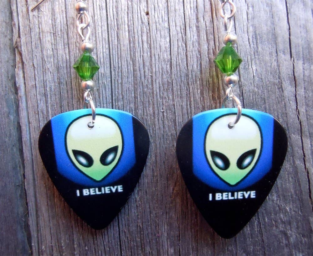 I Believe Alien Guitar Pick Earrings with Green Swarovskis