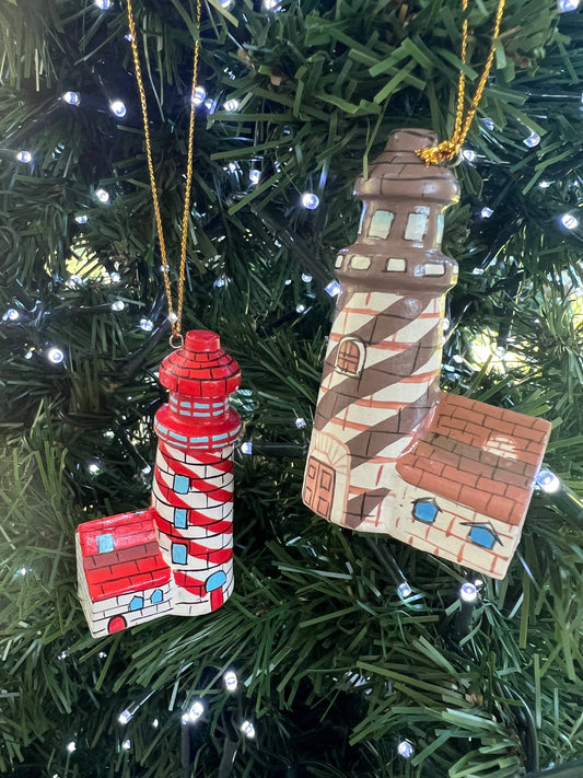 Lighthouse Christmas ornament hand carved & painted 2 assort