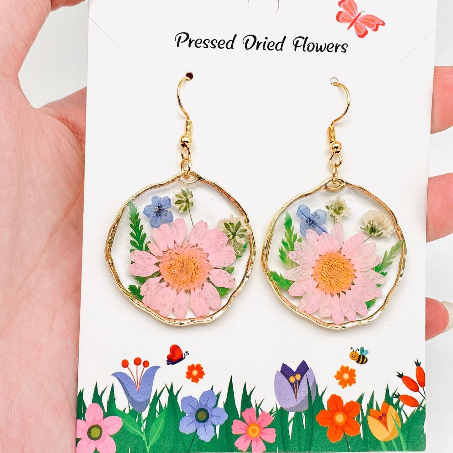 Floral Geometric Pendant Genuine Dried Flowers Earring