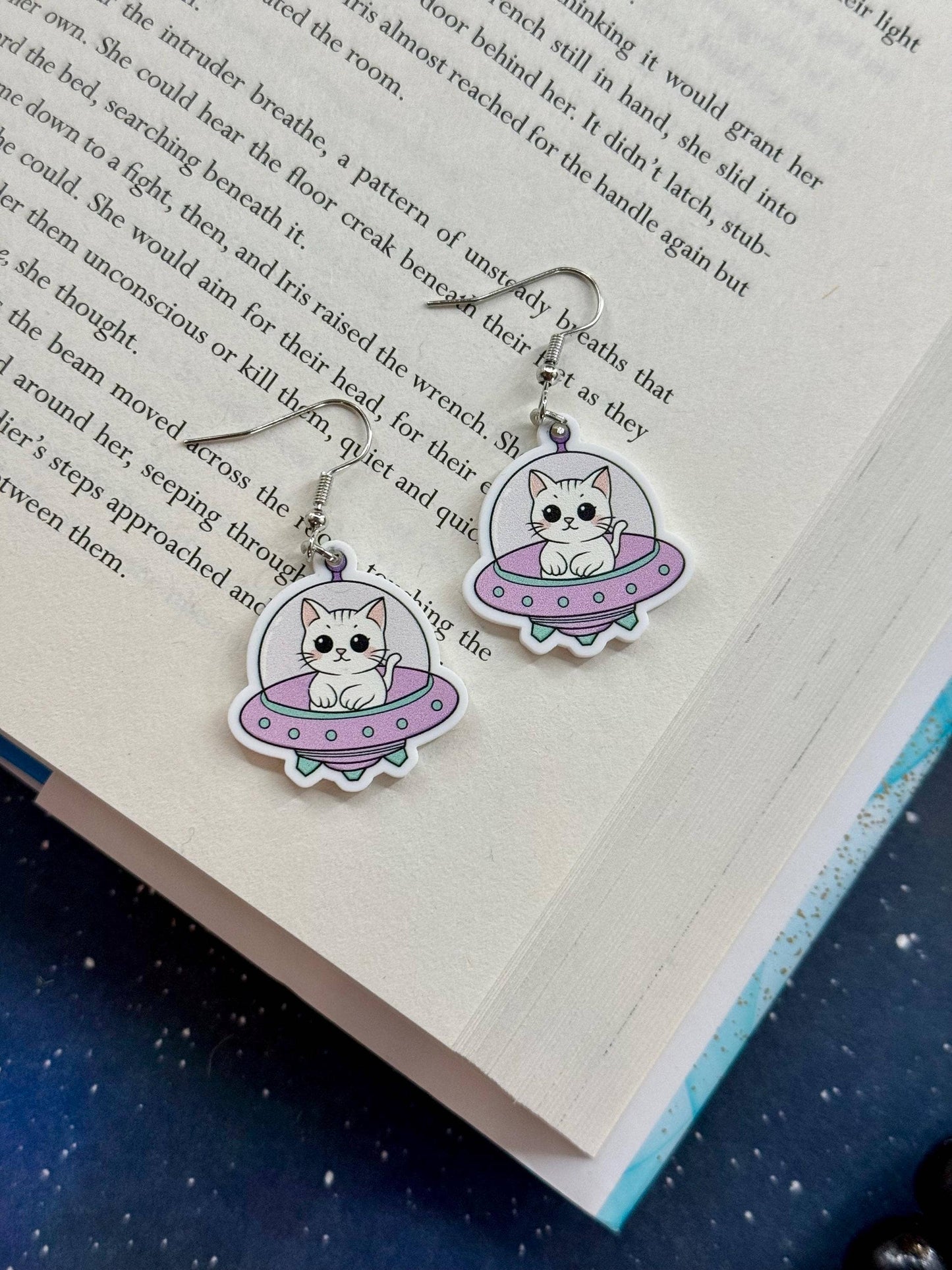 Space Cat and Spaceship Earrings for Booklovers