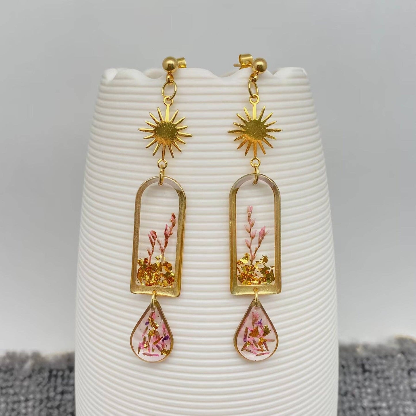 Dried Sage Flowers Geometric Charm Dangle Earrings