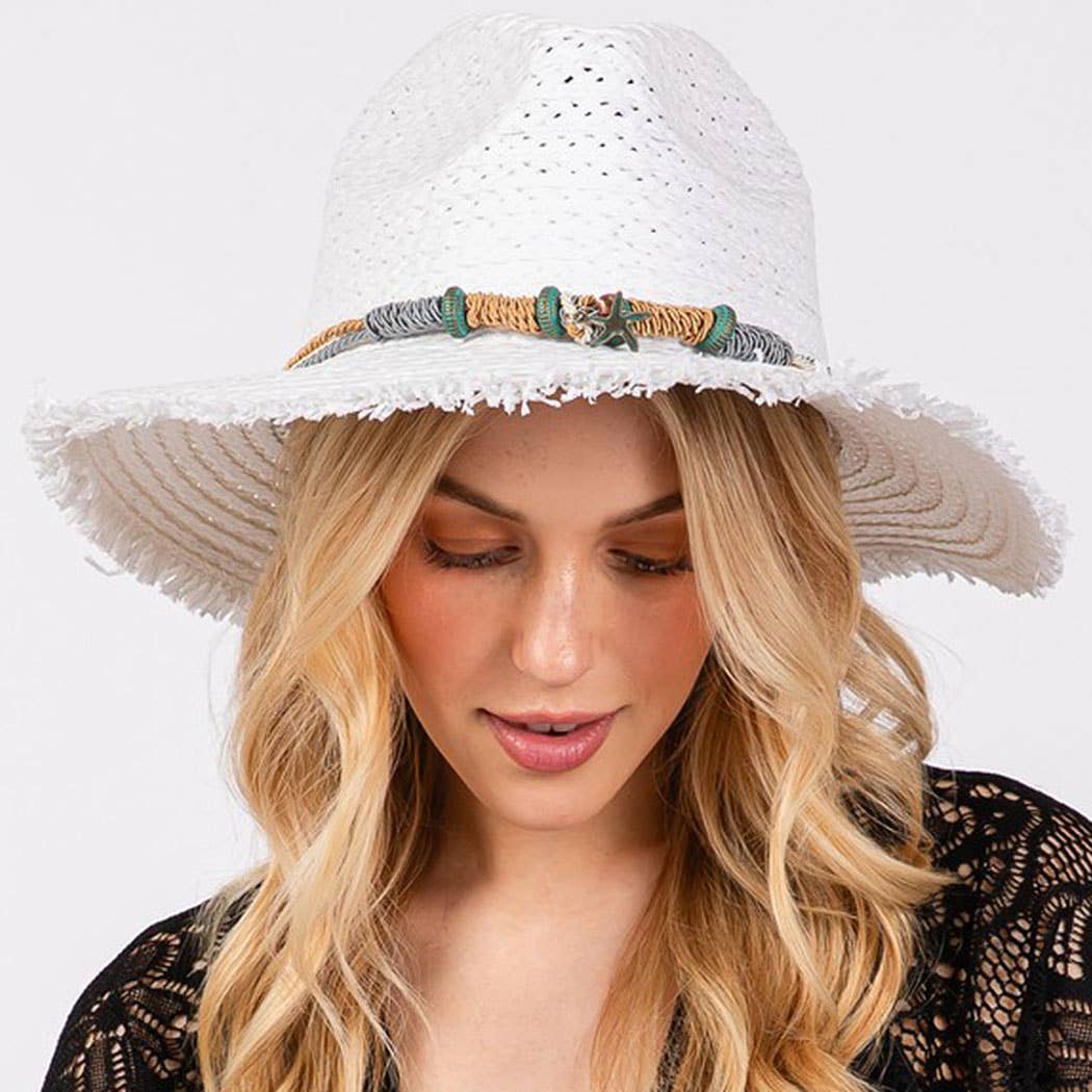 Frayed straw hat with braided starfish