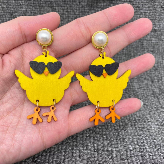 Wooden Yellow Duck Wearing Glasses Dangle Earrings