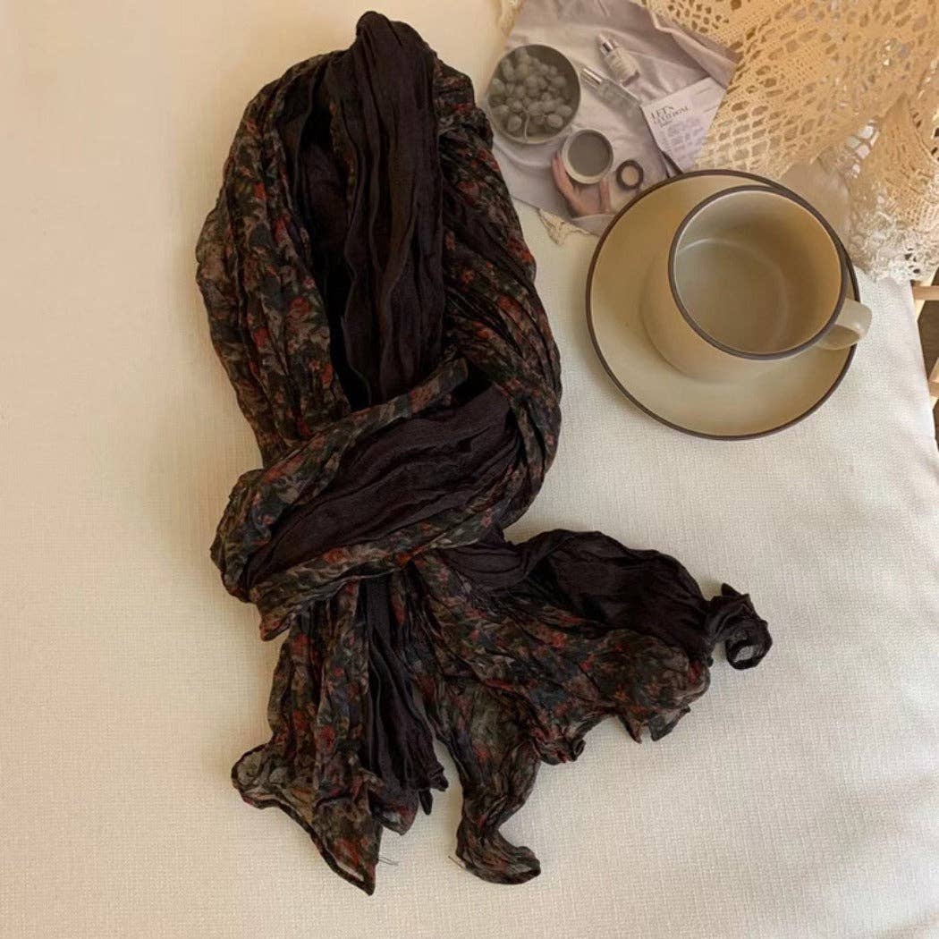 Vintage Floral Pattern Lightweight Ruched Scarf