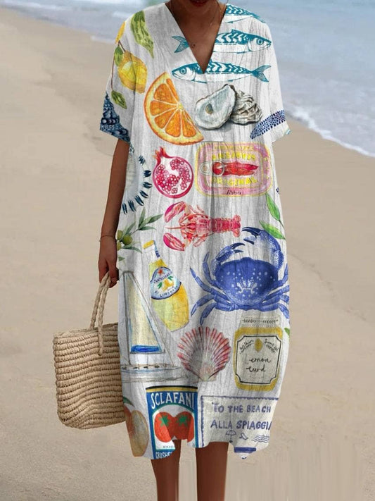 Marine life lobster print v-neck loose dress short sleeve
