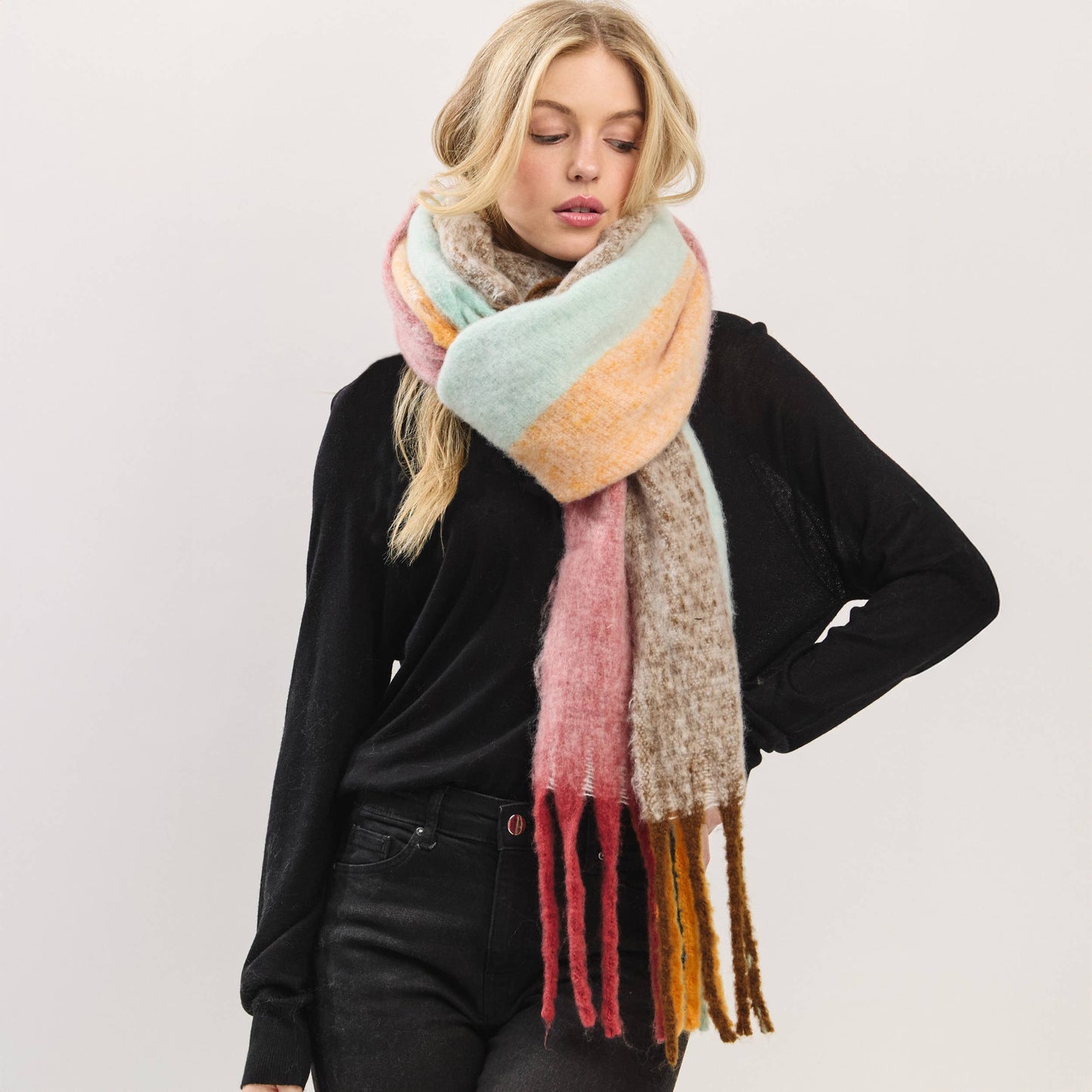 Solid Brushed Color Stripe Block Fringe Scarf