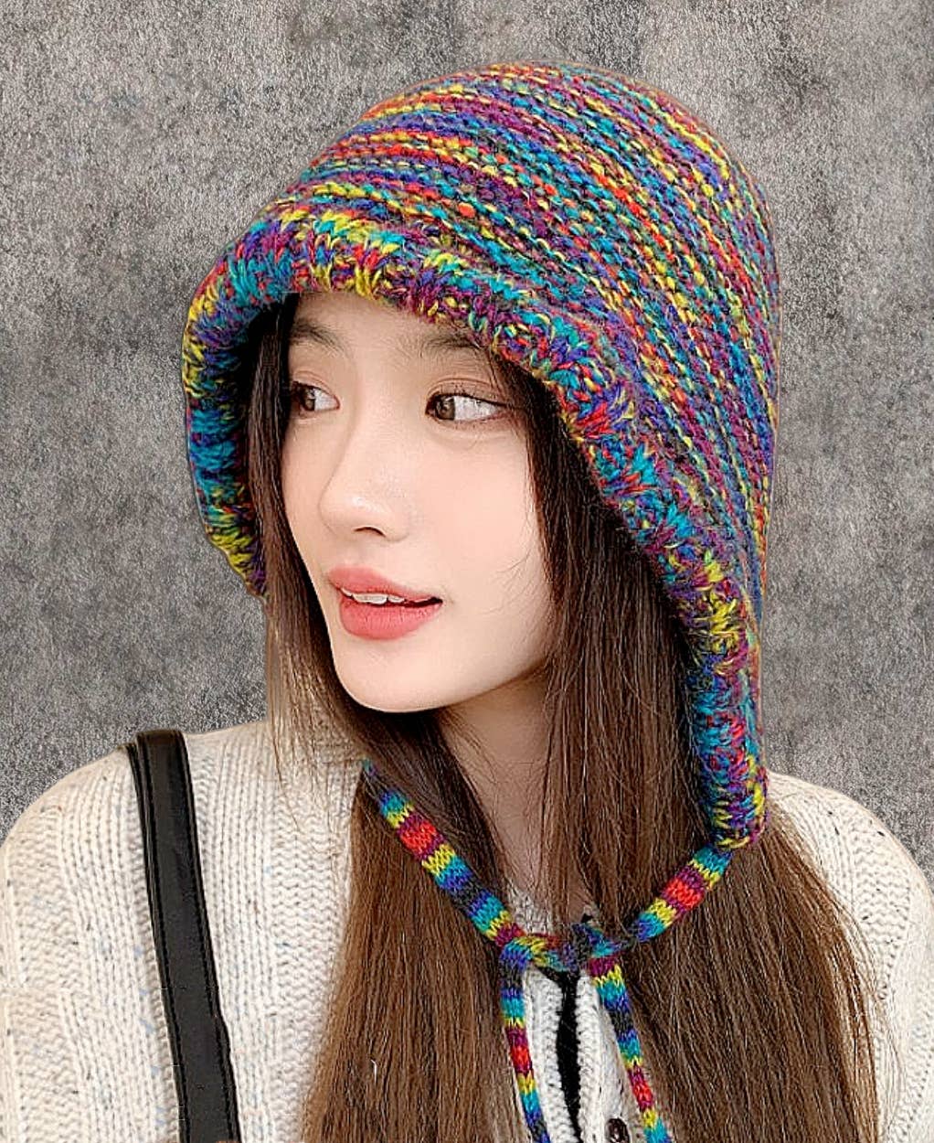 Rainbow-Colored Knitted Hat with Side Tie Straps