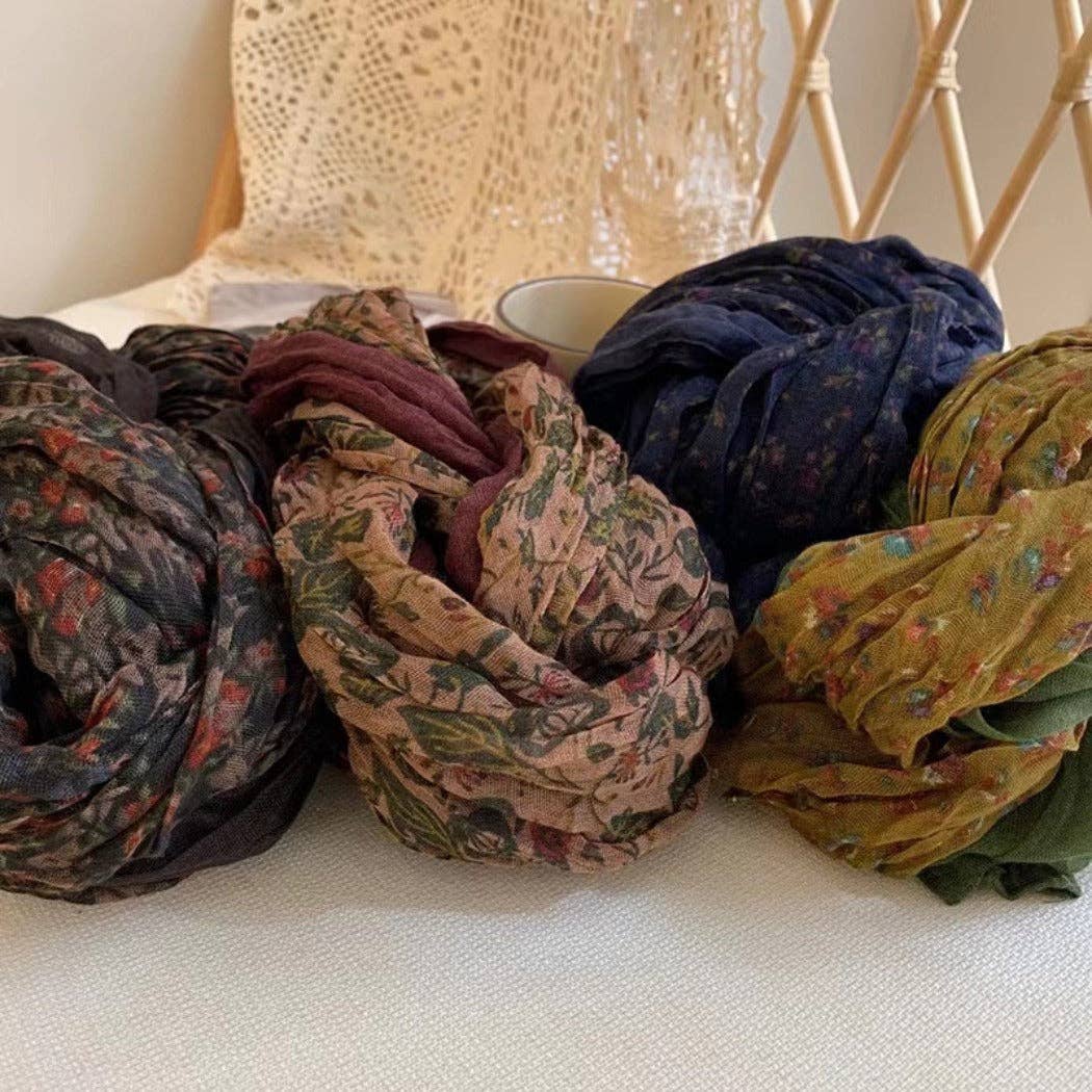 Vintage Floral Pattern Lightweight Ruched Scarf