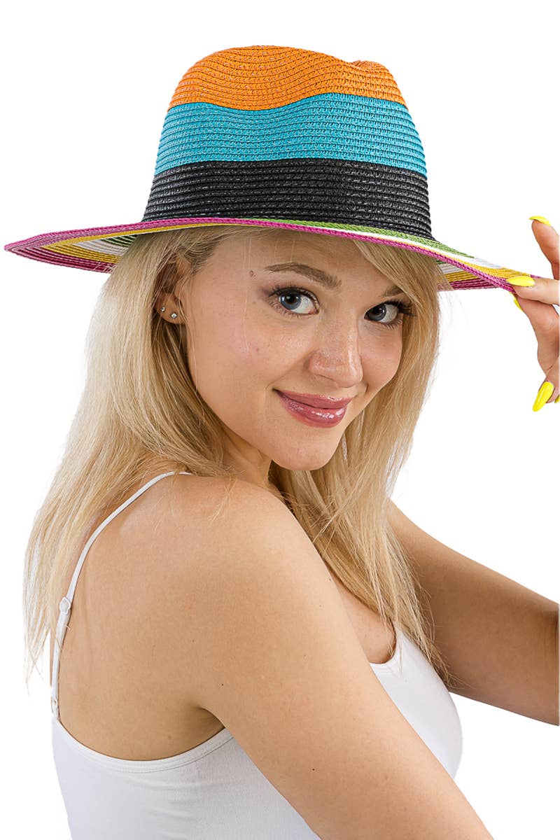 Multicolor Stripe Standard Brim Straw Rancher Hat
