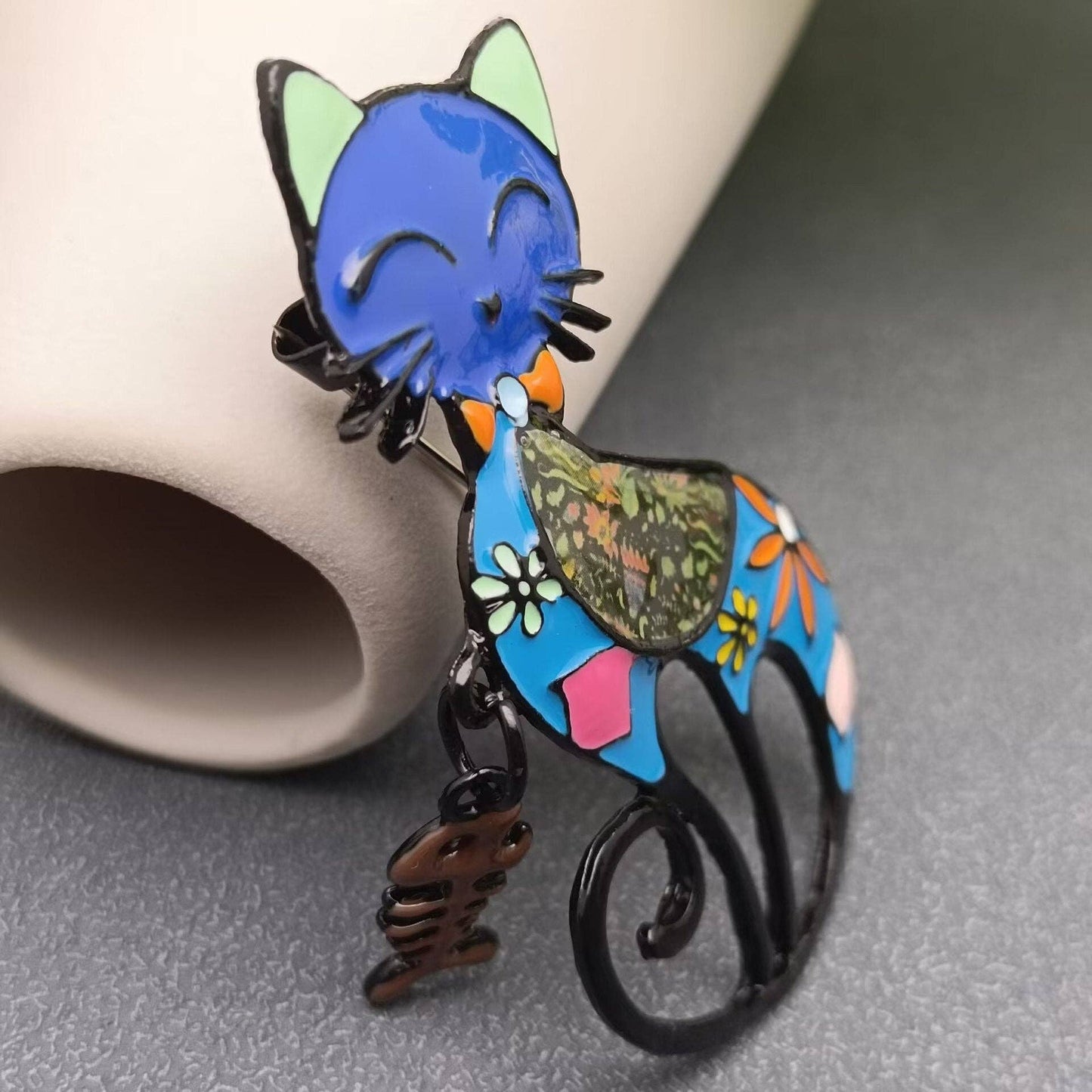 Enamel Fishbone Charm Cat Brooch