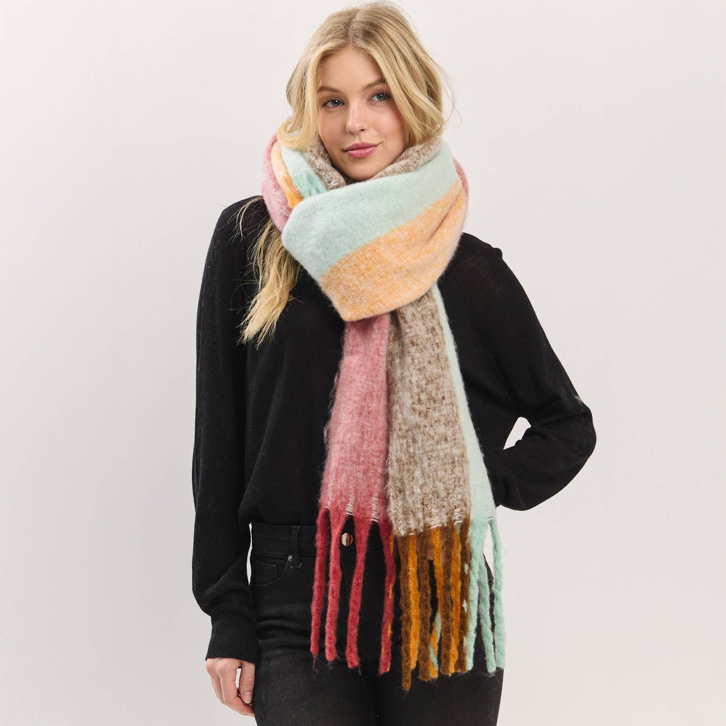 Solid Brushed Color Stripe Block Fringe Scarf