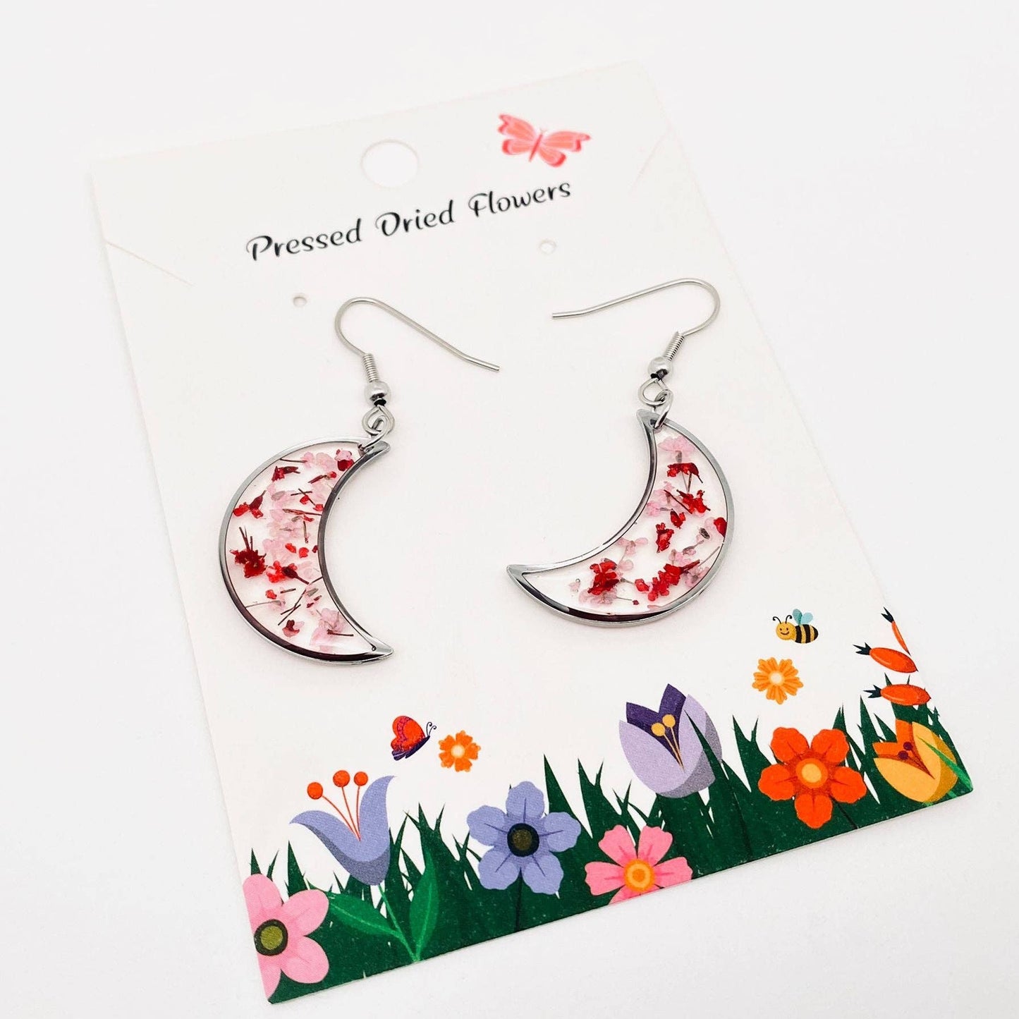 Floral Crescent Moon Pendant Dangle Earrings