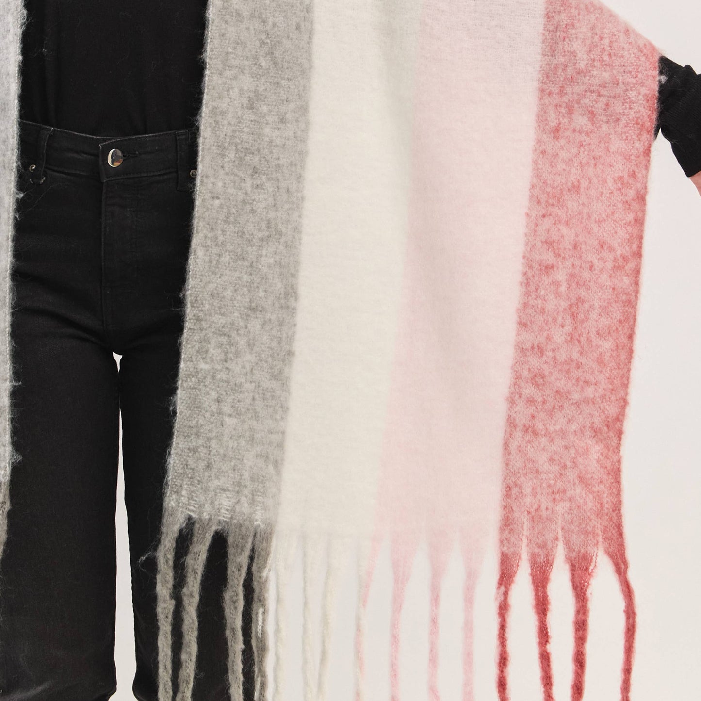 Solid Brushed Color Stripe Block Fringe Scarf
