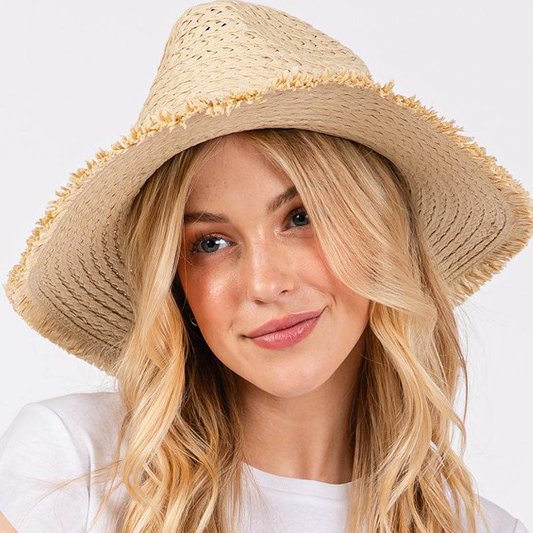 Frayed straw hat with braided starfish