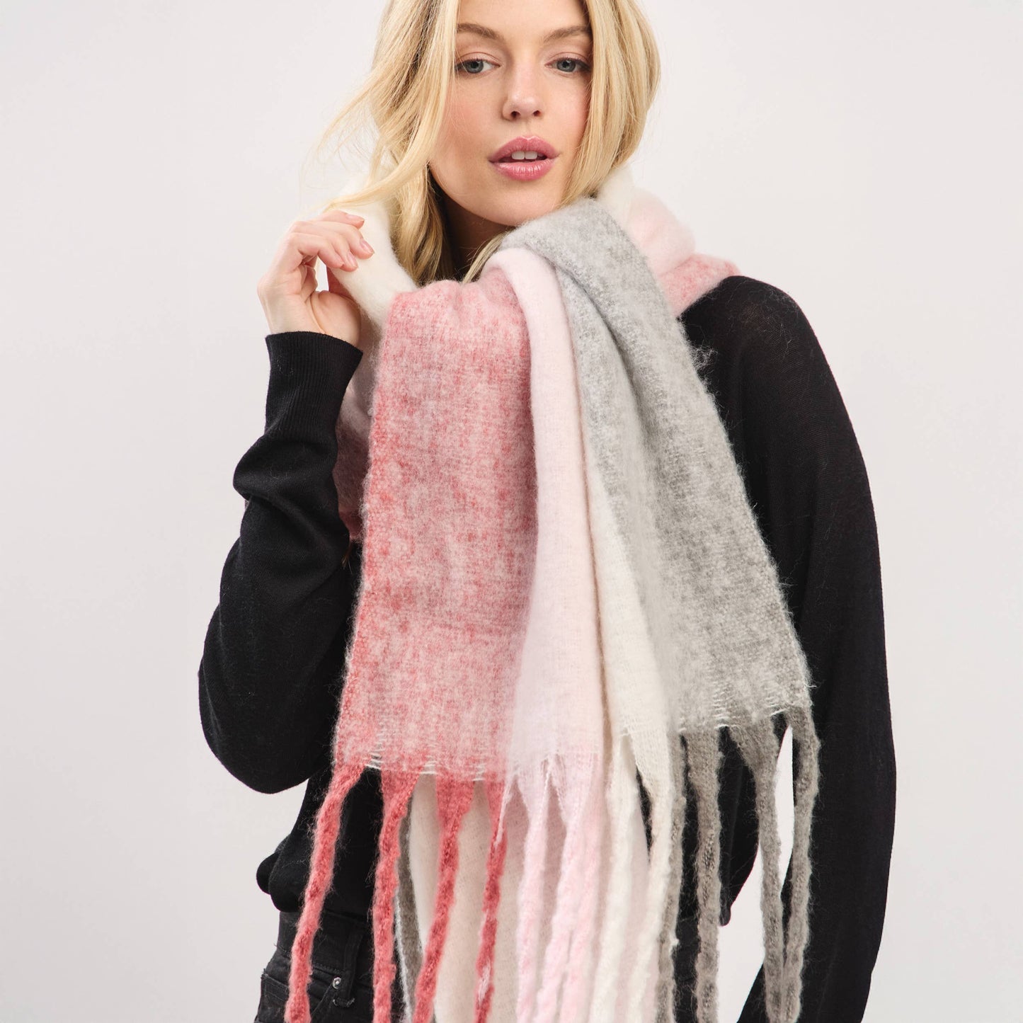 Solid Brushed Color Stripe Block Fringe Scarf