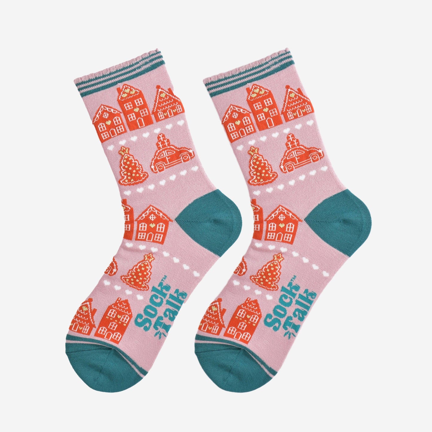 Women's Bamboo Socks - Pink/Green, Gingerbread Village