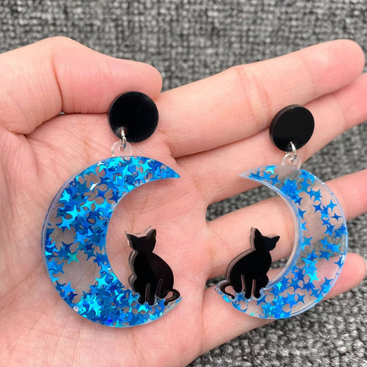 Black Cat On Blue Star Moon Dangle Earrings