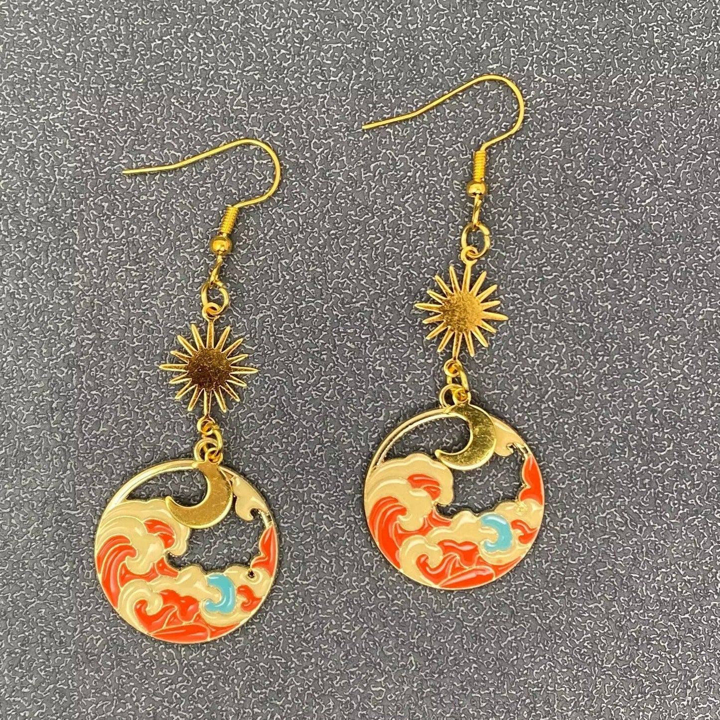 Enamel Cloud Golden Star Moon Dangle Earrings