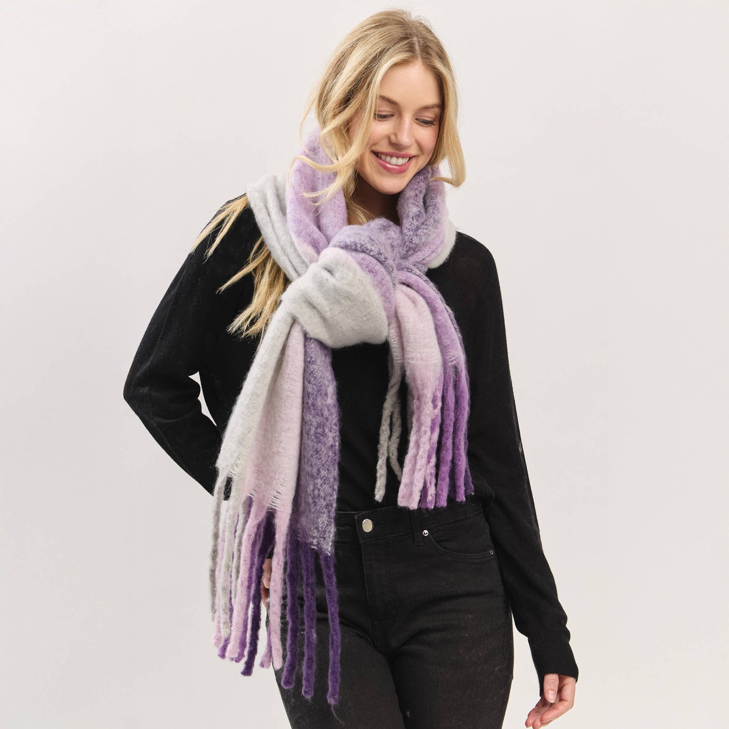 Solid Brushed Color Stripe Block Fringe Scarf