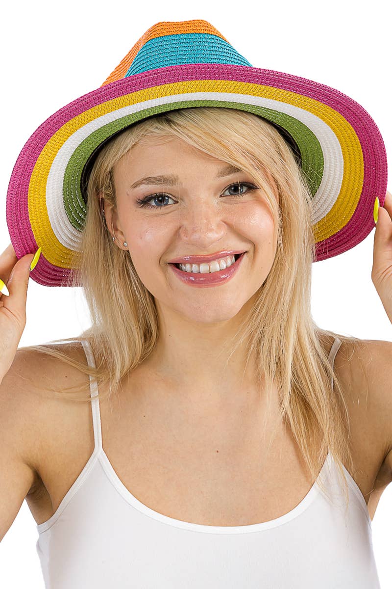 Multicolor Stripe Standard Brim Straw Rancher Hat