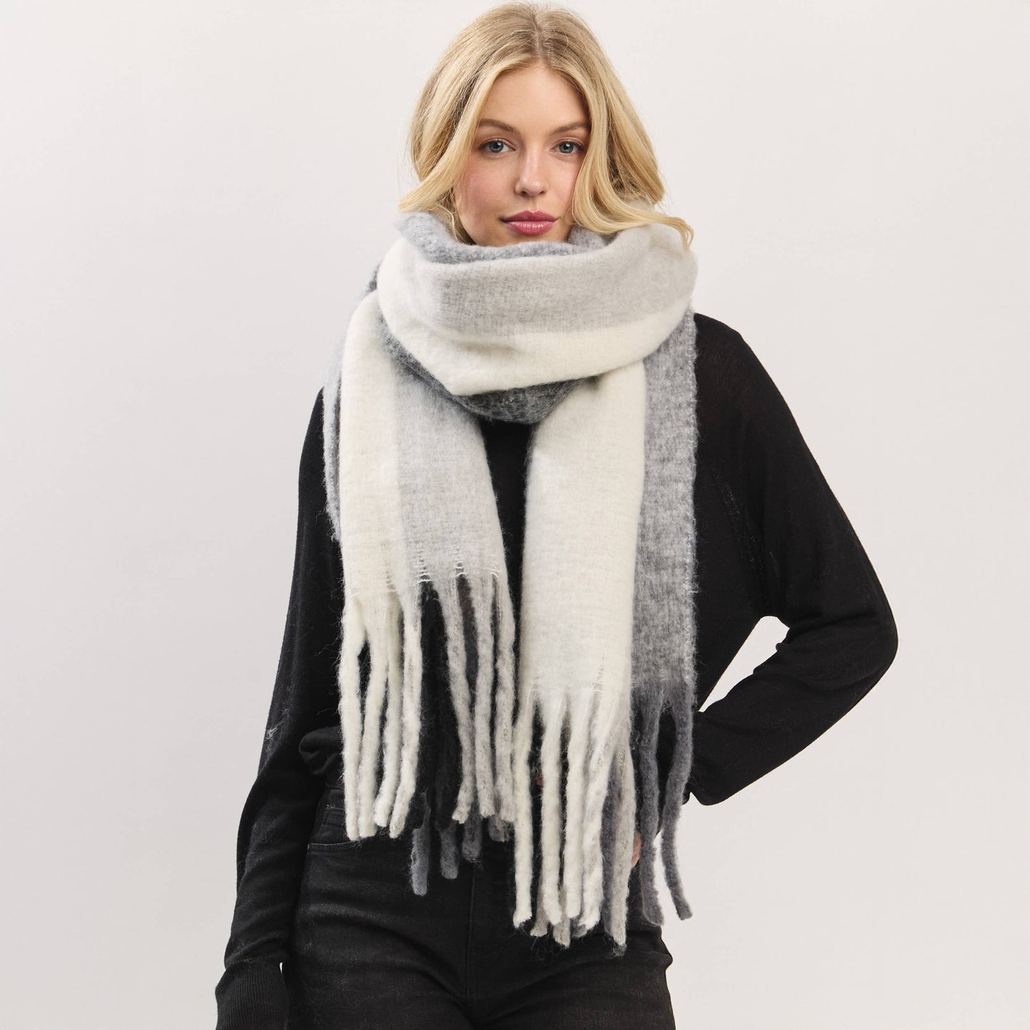 Solid Brushed Color Stripe Block Fringe Scarf