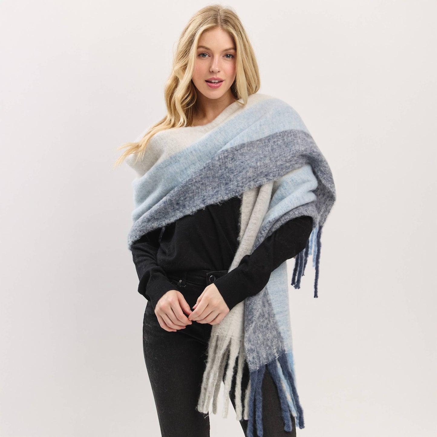 Solid Brushed Color Stripe Block Fringe Scarf