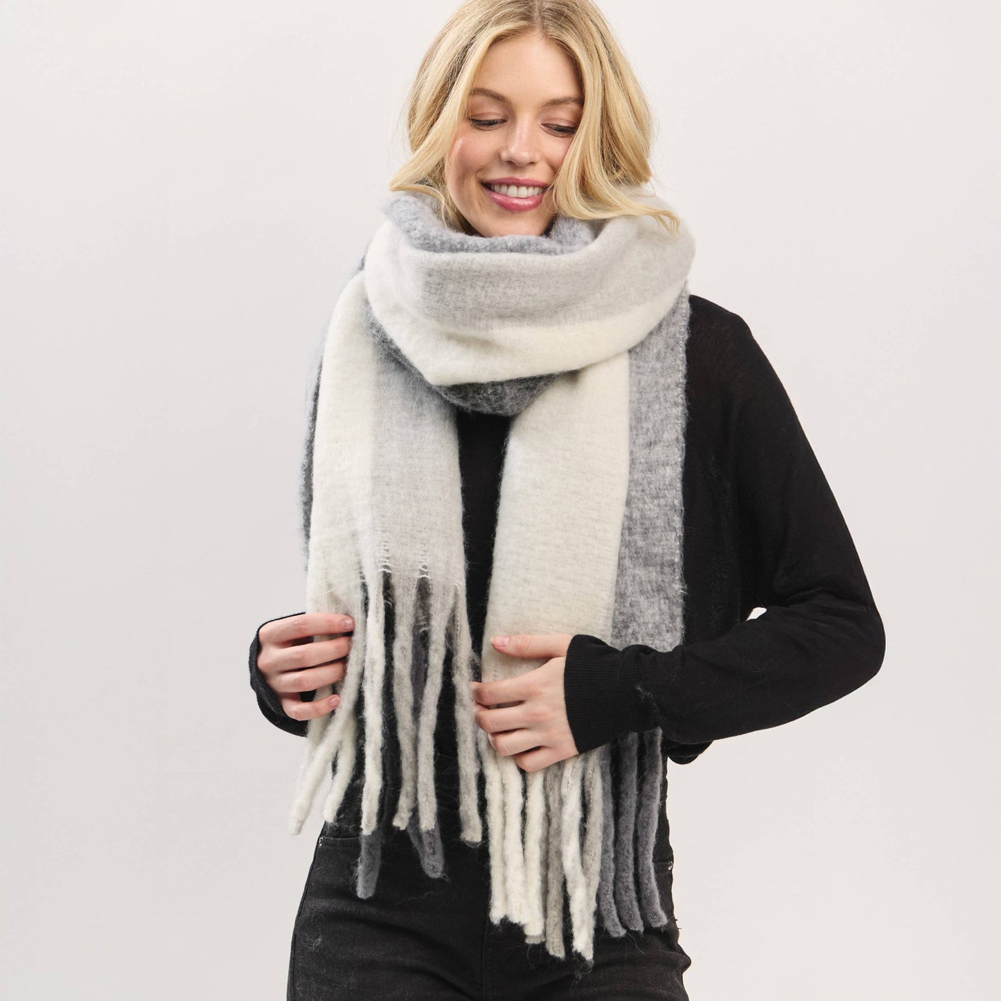 Solid Brushed Color Stripe Block Fringe Scarf
