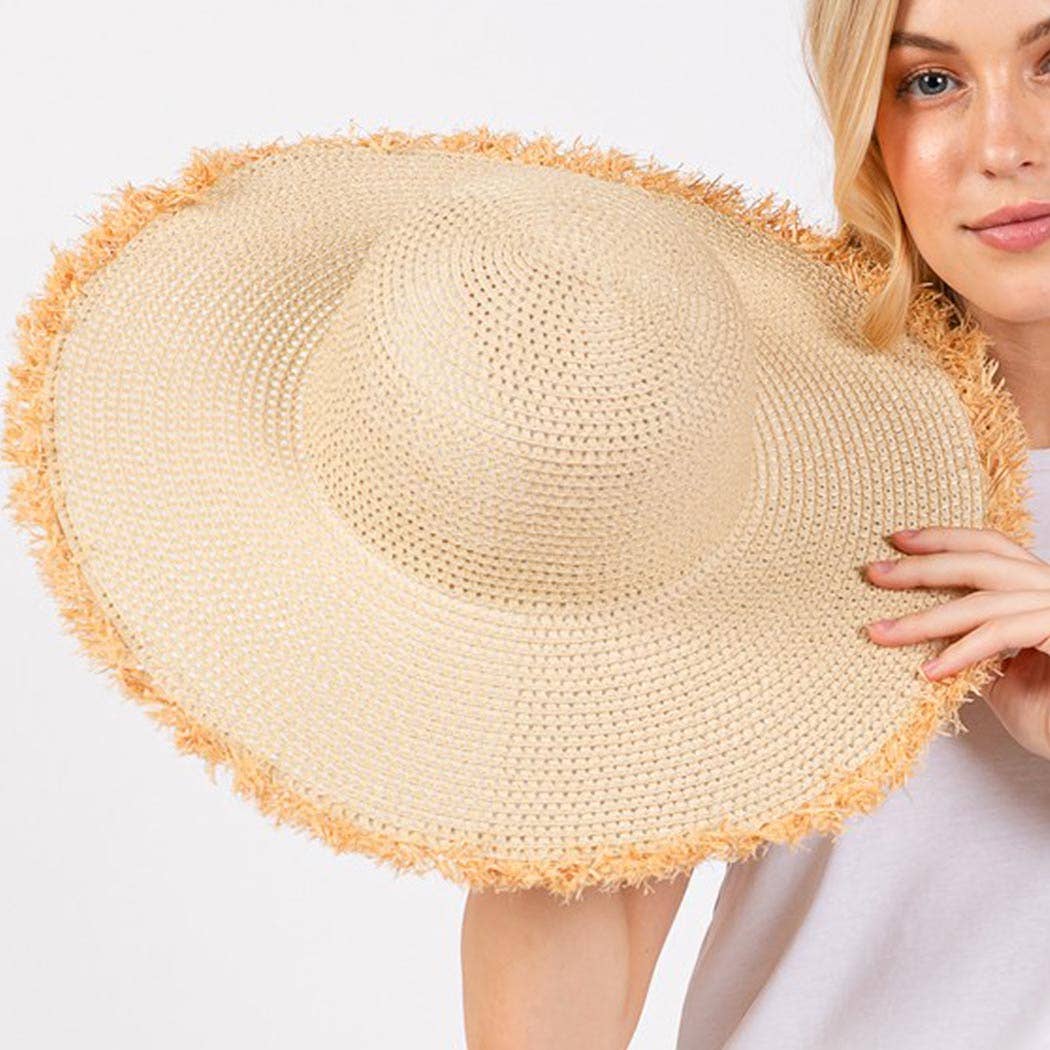 Frayed edge floppy straw hat