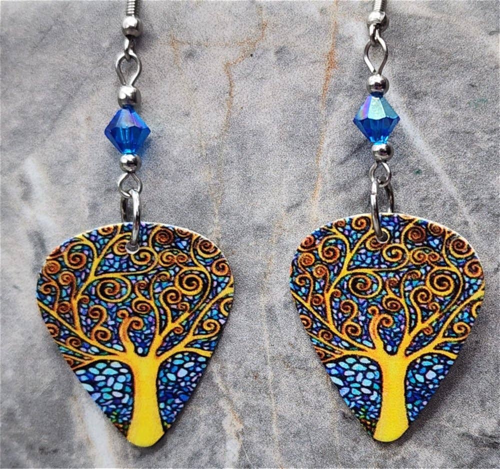 Tree of Life Guitar Pick Earrings with Capri Blue Swarovskis