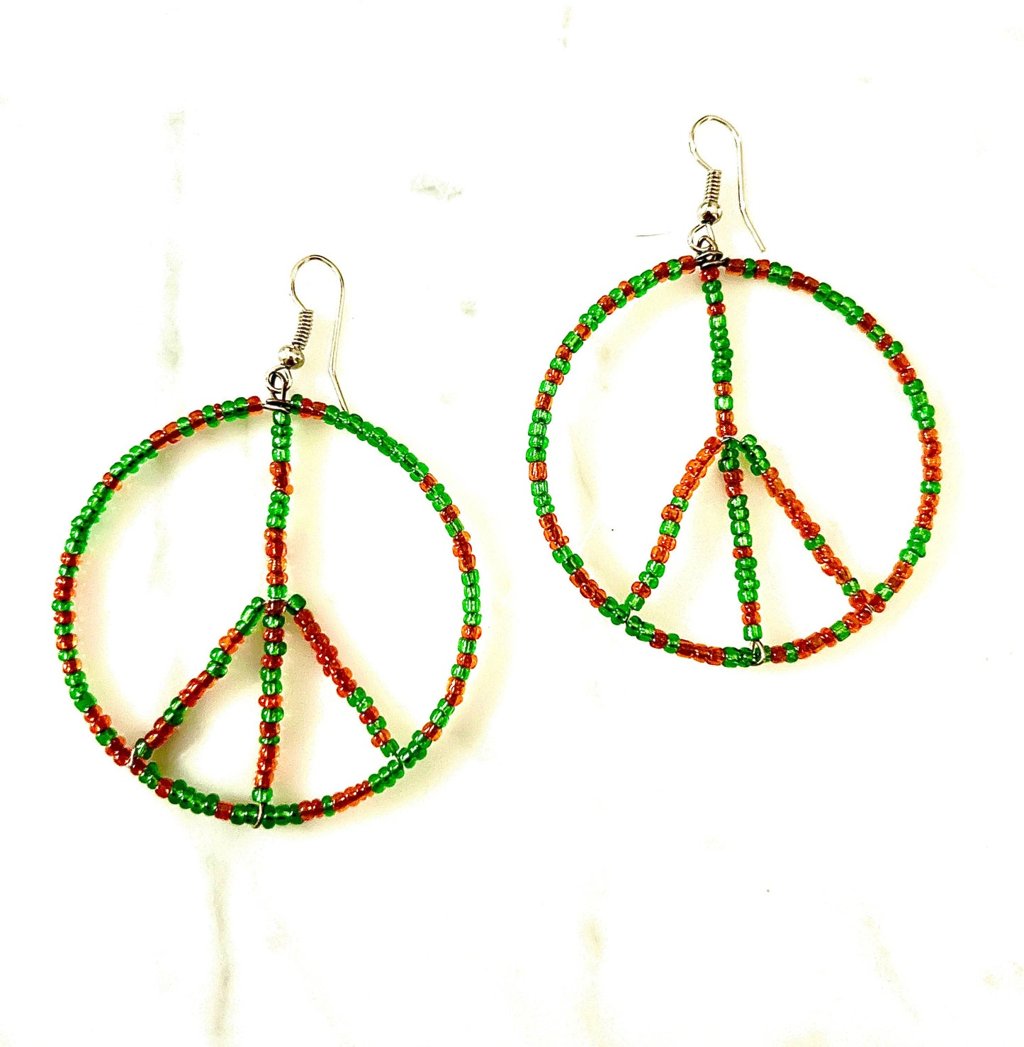 Peace seed bead green and orange earrings