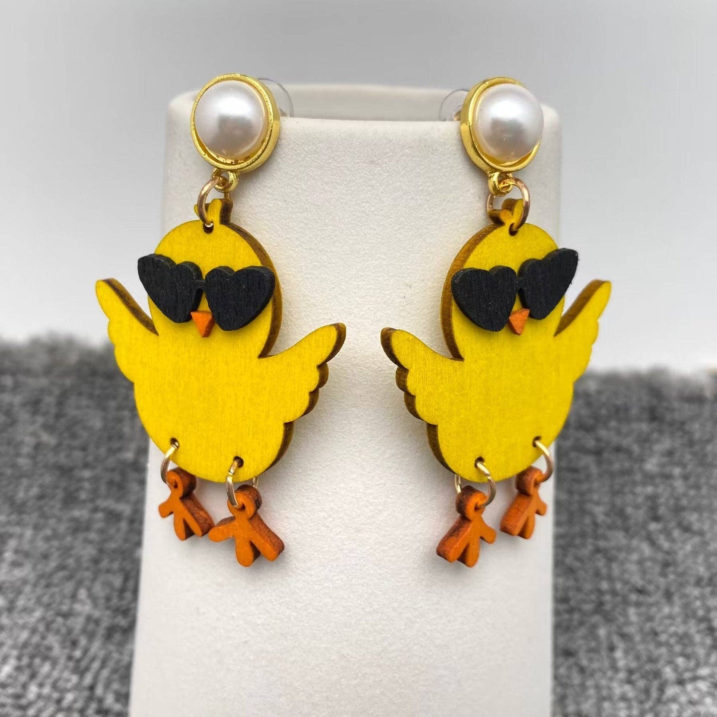 Wooden Yellow Duck Wearing Glasses Dangle Earrings