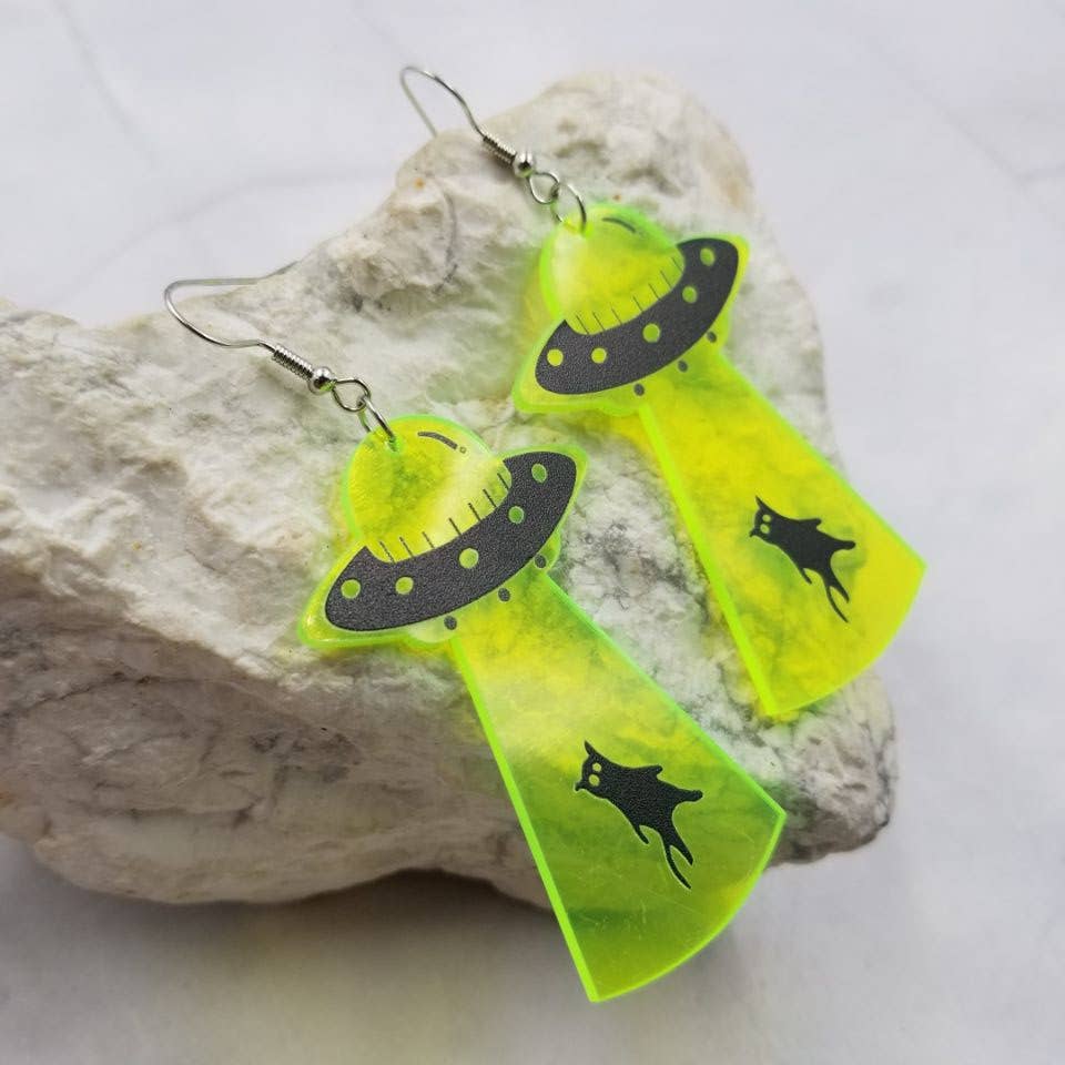 Translucent UFO Black Cat Earrings