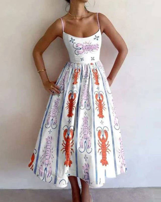 Lobster Print Sexy Style Slip Long Dress