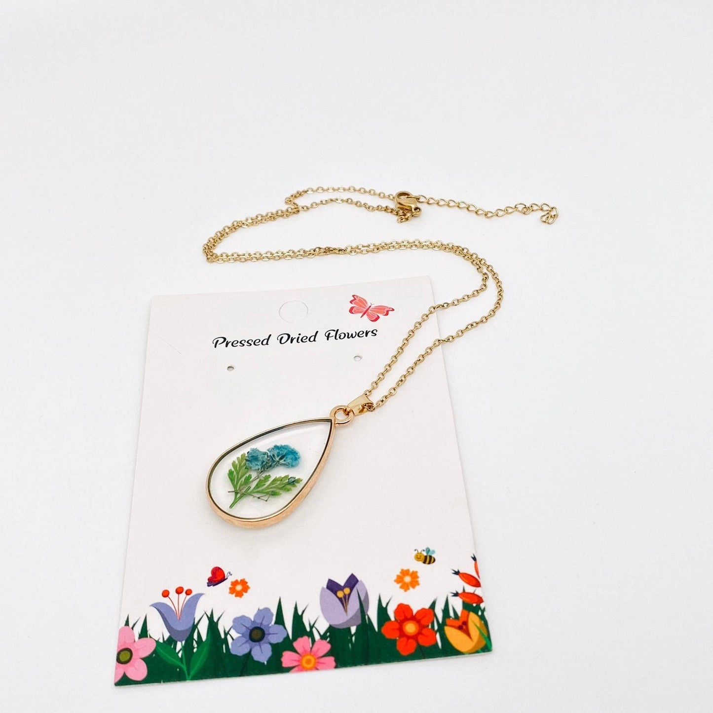 Baby’s Breath & Fern Pressed Dried Flower Teardrop Necklace