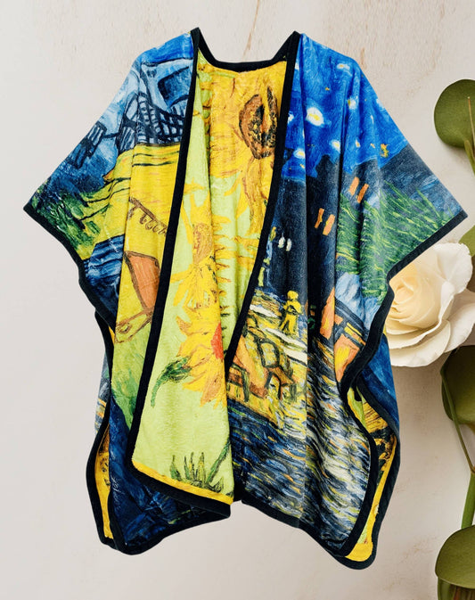 Blue-Yellow Van Gogh Cafe & Sunflower Reversible Fleece Cape