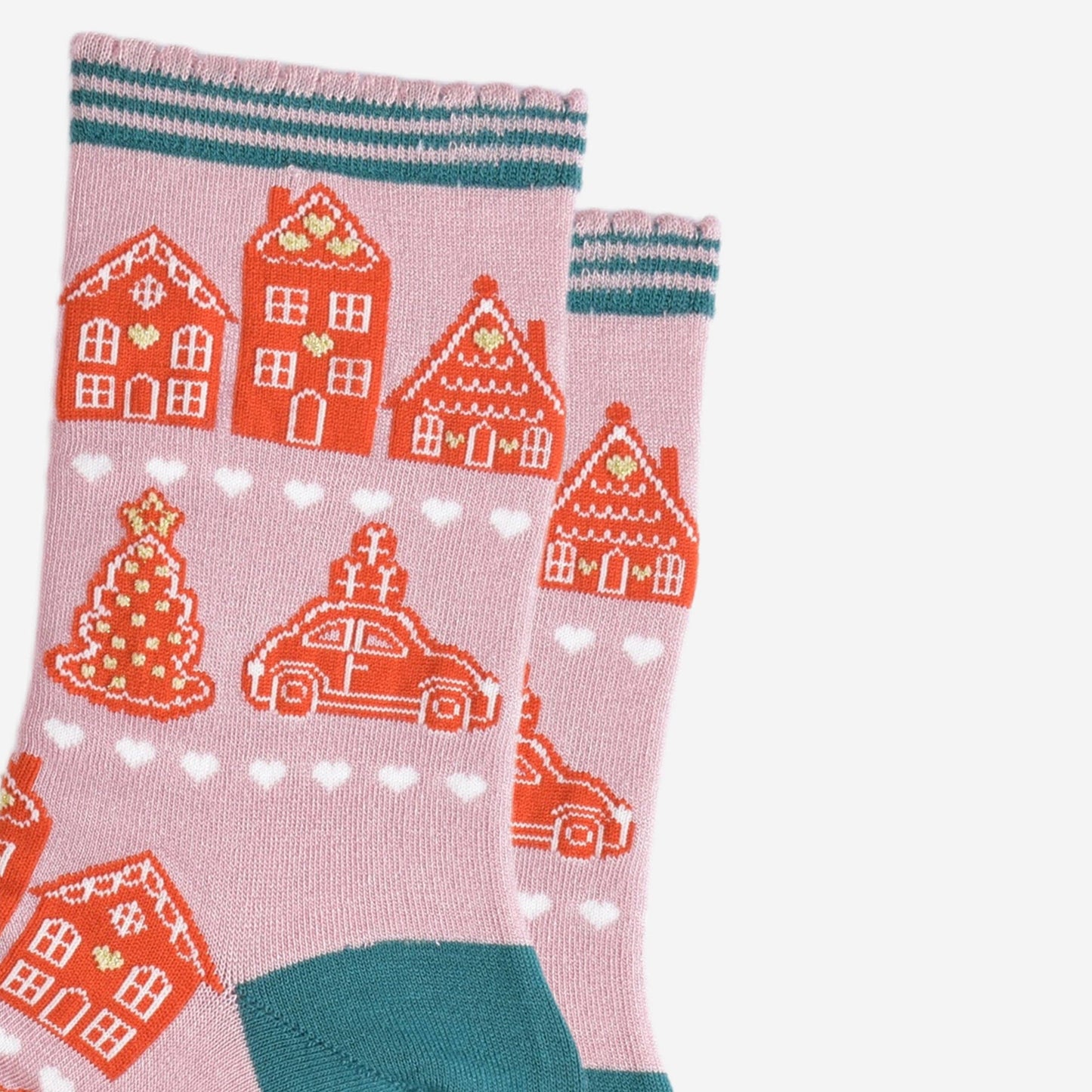 Women's Bamboo Socks - Pink/Green, Gingerbread Village