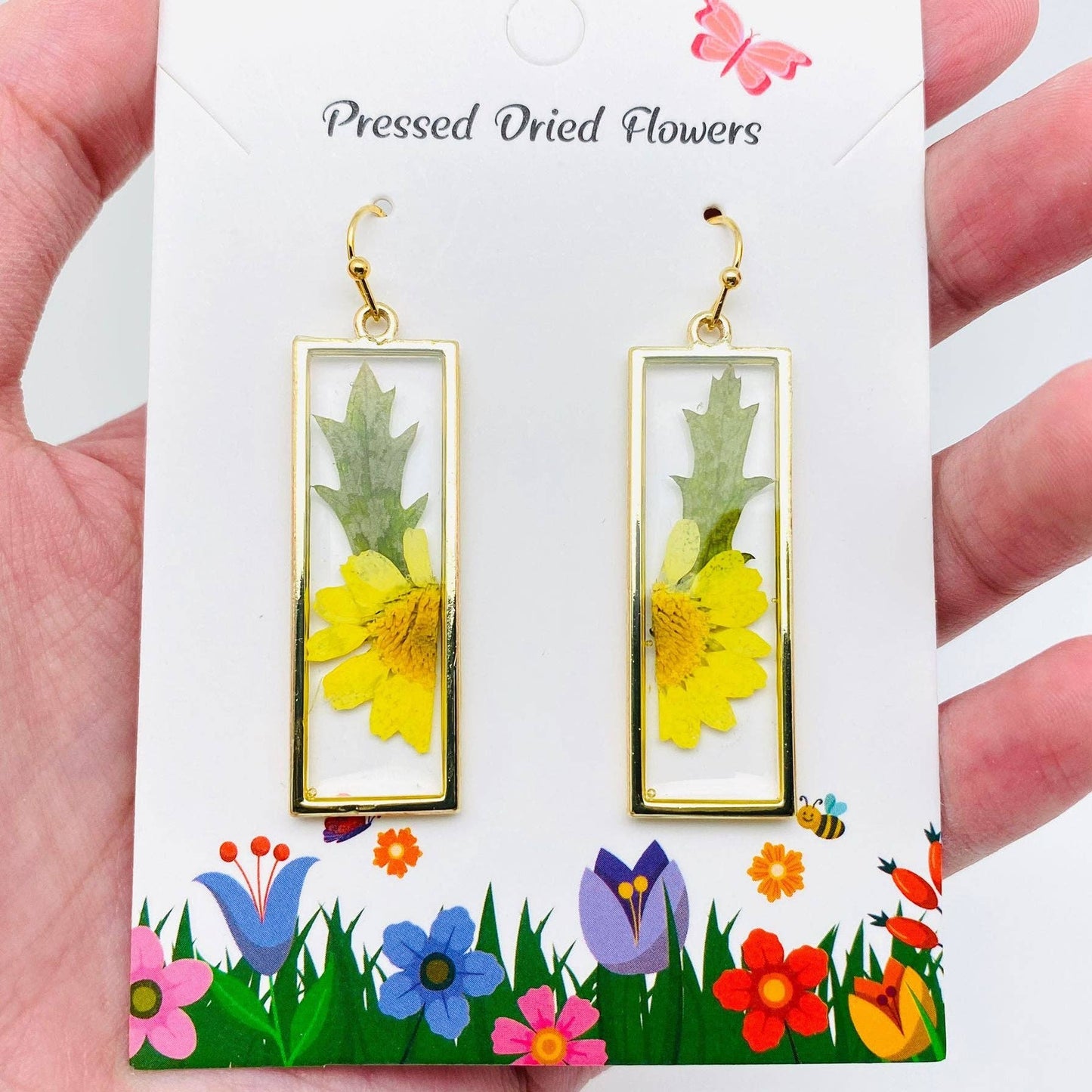 Yellow Chrysanthemum & Fern Dried Plant Earrings