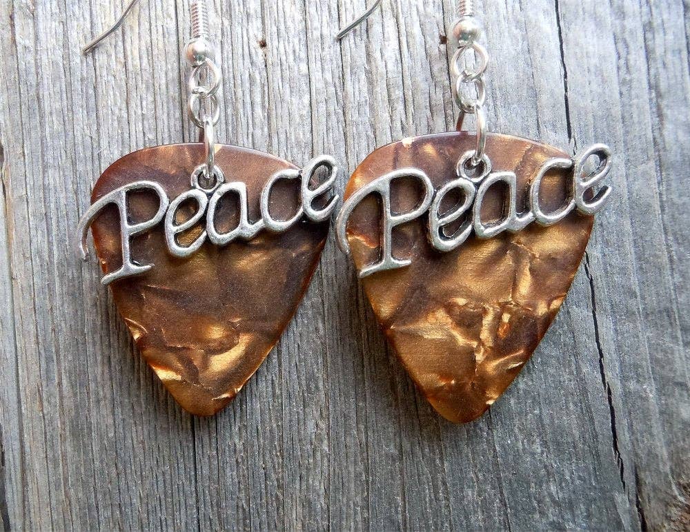 Peace Text Charm Guitar Pick Earrings