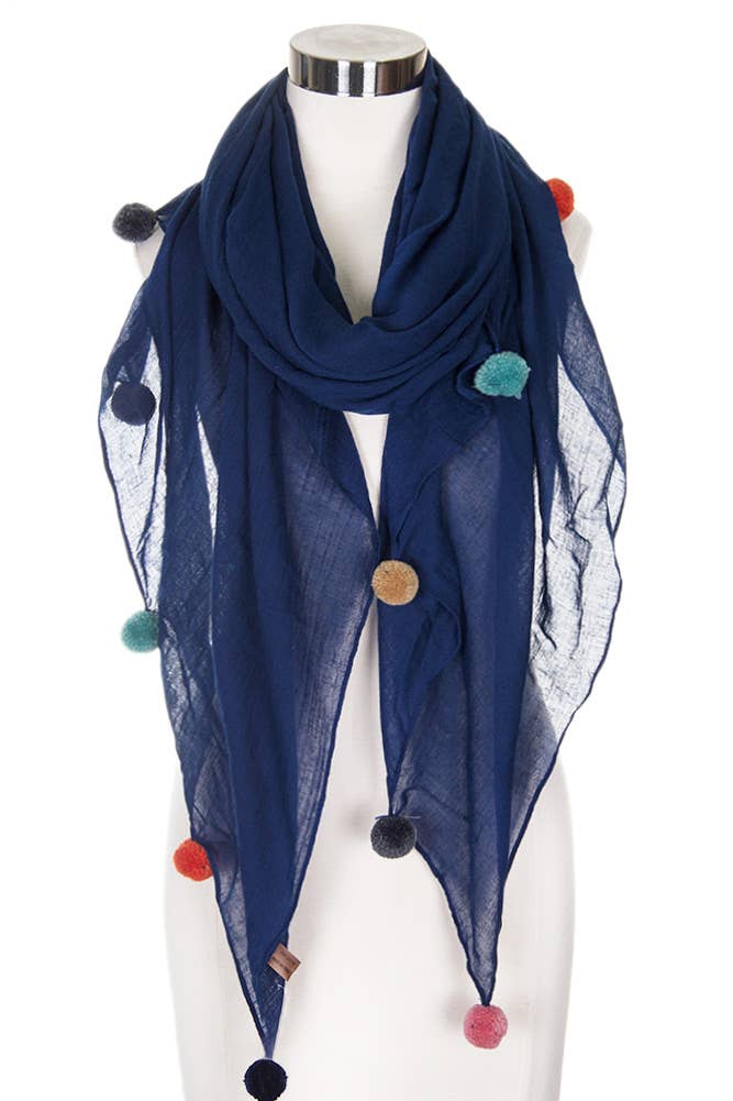 Multi Color Pom Solid Oblong Scarf