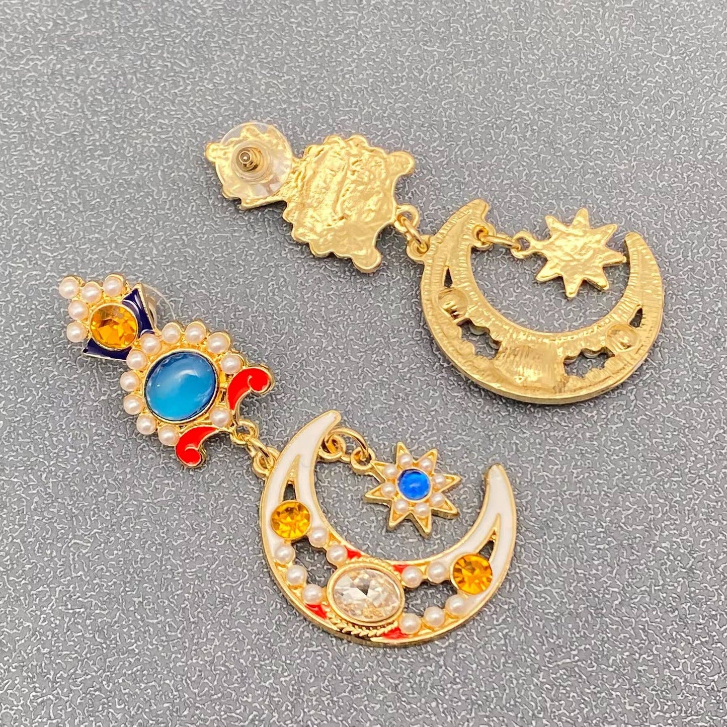 Vintage Rhinestone Enamel Star Moon Dangle Earrings