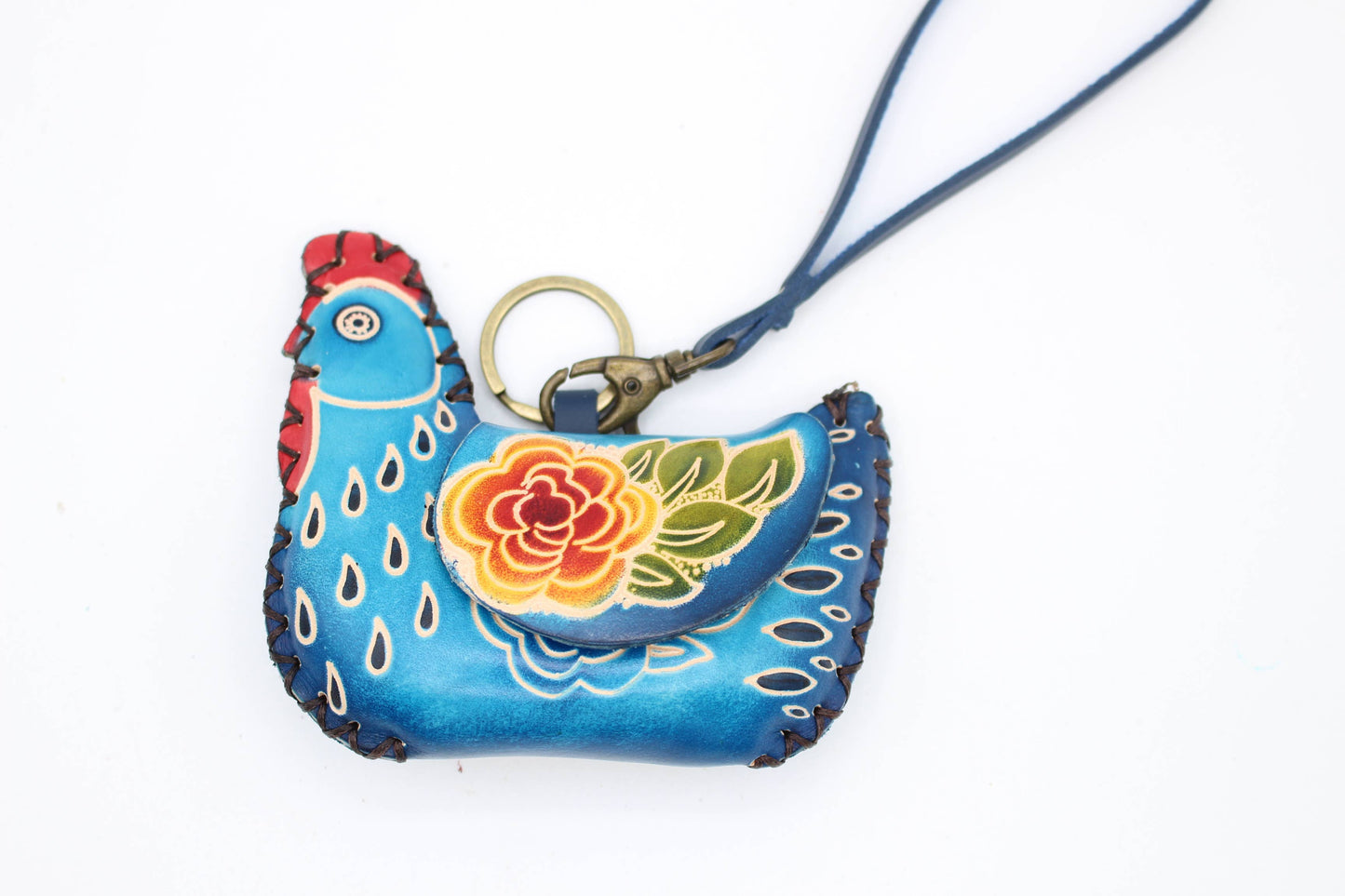 Leather chicken Hen coin purse blue
