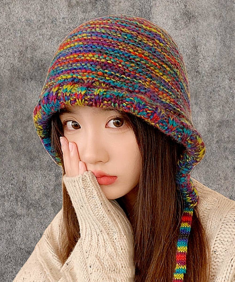 Rainbow-Colored Knitted Hat with Side Tie Straps