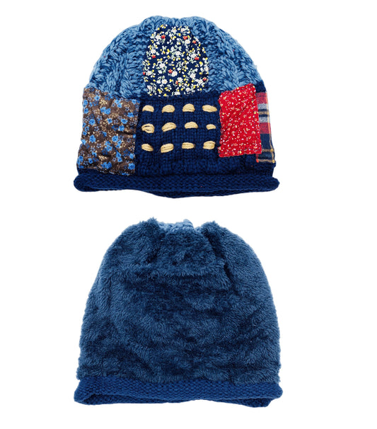 Reversible Handcrafted Patchwork Knit Hat with Plush Lining