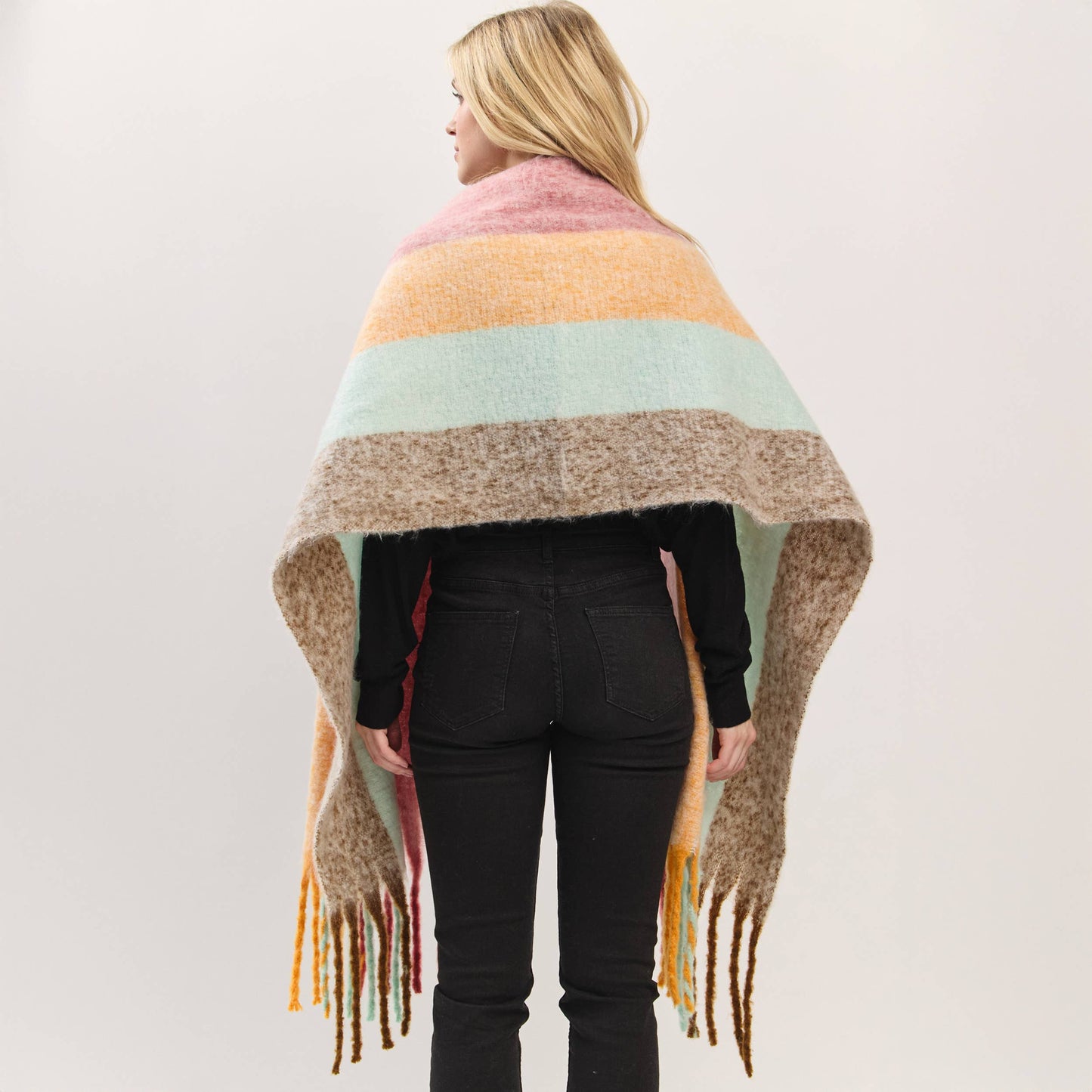 Solid Brushed Color Stripe Block Fringe Scarf