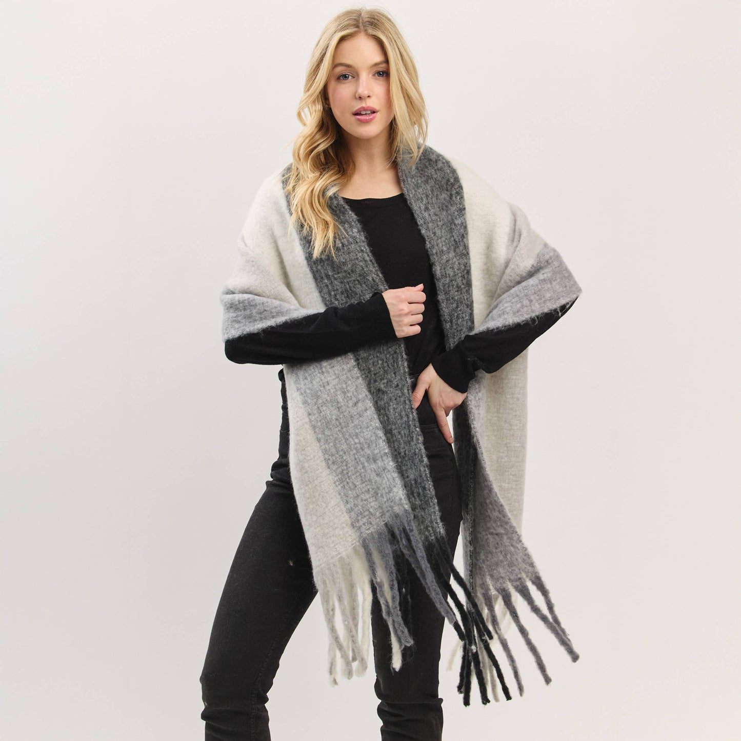 Solid Brushed Color Stripe Block Fringe Scarf
