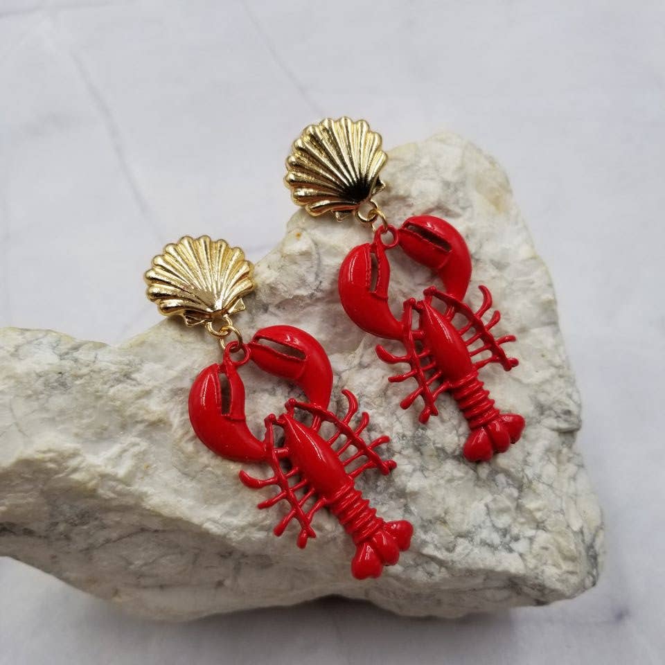 Gold Plated Shell Red Lobster Earrings